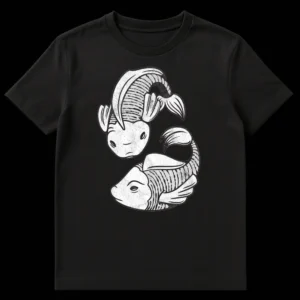 Distressed black and white t-shirt with two stylized koi fish forming a Yin Yang symbol on Black t-shirt
