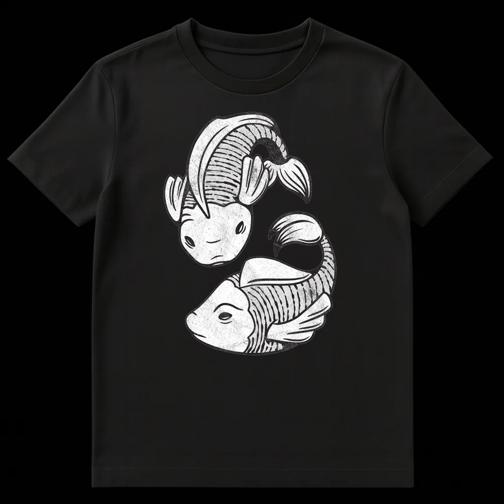 Distressed black and white t-shirt with two stylized koi fish forming a Yin Yang symbol on Black t-shirt