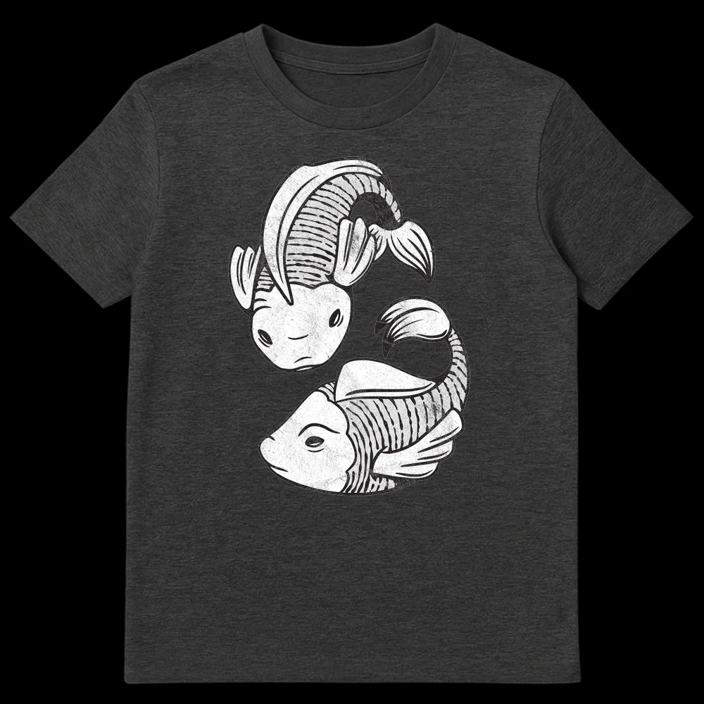 Distressed black and white t-shirt with two stylized koi fish forming a Yin Yang symbol on Dark Heather t-shirt