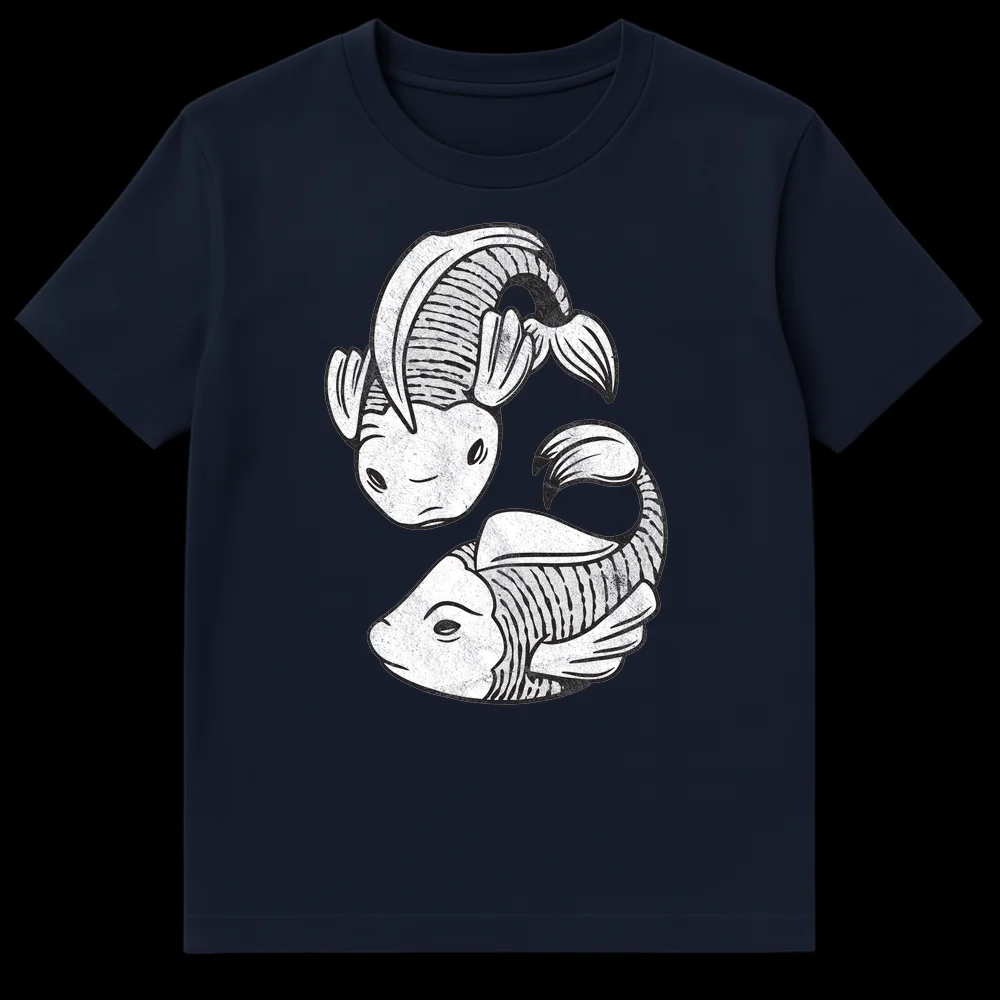 Distressed black and white t-shirt with two stylized koi fish forming a Yin Yang symbol on Navy Blue t-shirt