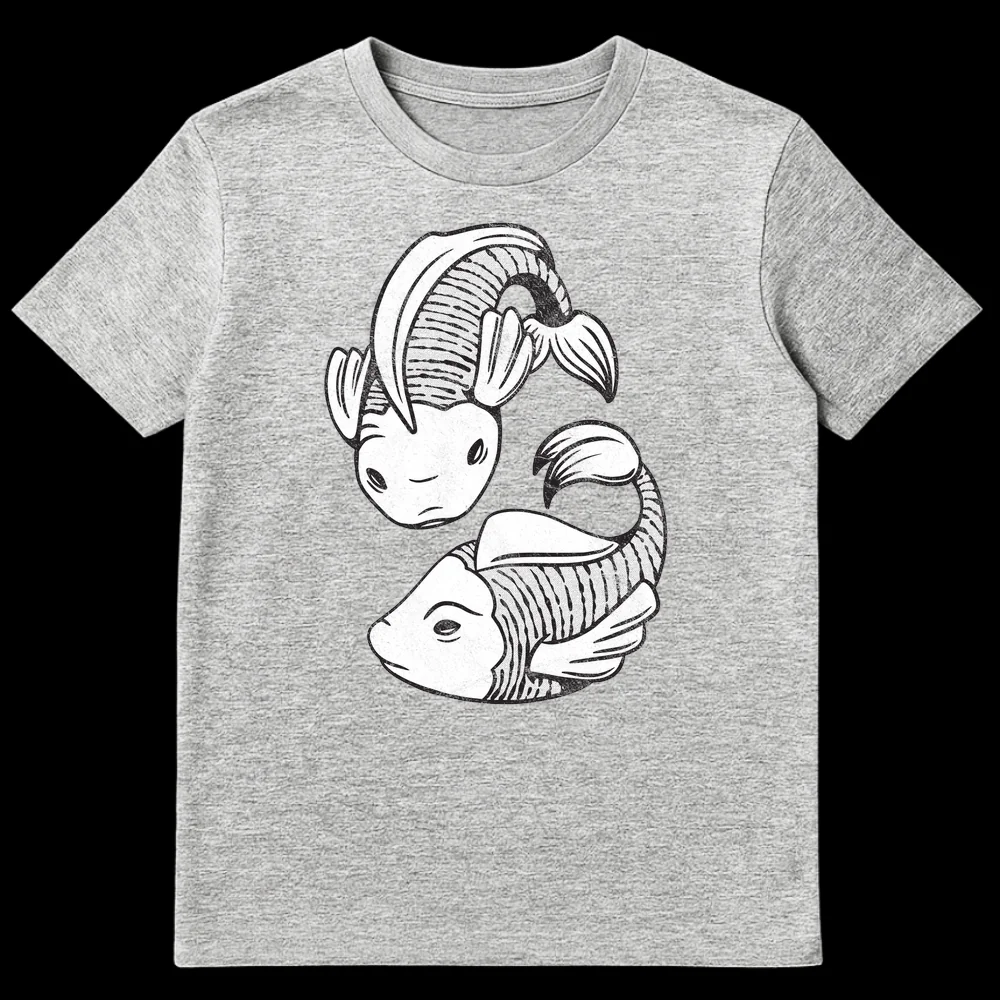 Distressed black and white t-shirt with two stylized koi fish forming a Yin Yang symbol on Sports Grey t-shirt