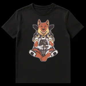 Distressed retro t-shirt design of a cute dog character in futuristic space armor holding a game controller, on a black background on Black t-shirt