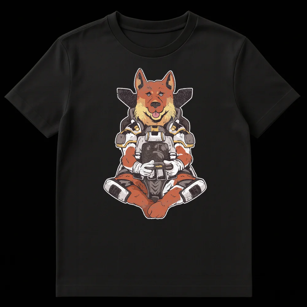 Distressed retro t-shirt design of a cute dog character in futuristic space armor holding a game controller, on a black background on Black t-shirt