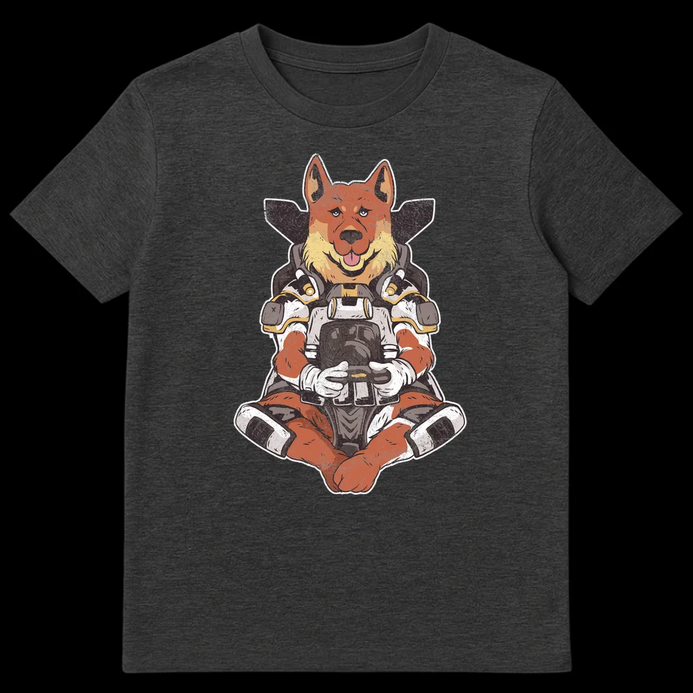 Distressed retro t-shirt design of a cute dog character in futuristic space armor holding a game controller, on a black background on Dark Heather t-shirt