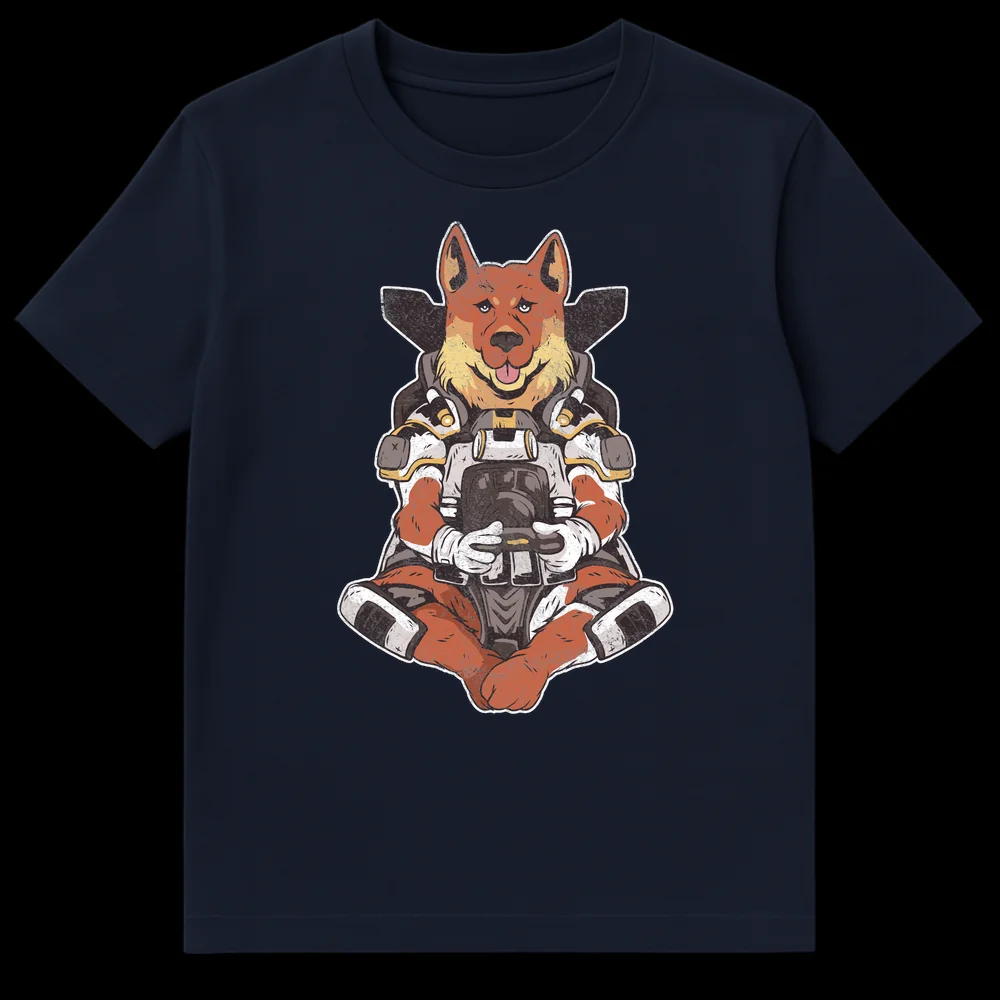 Distressed retro t-shirt design of a cute dog character in futuristic space armor holding a game controller, on a black background on Navy Blue t-shirt