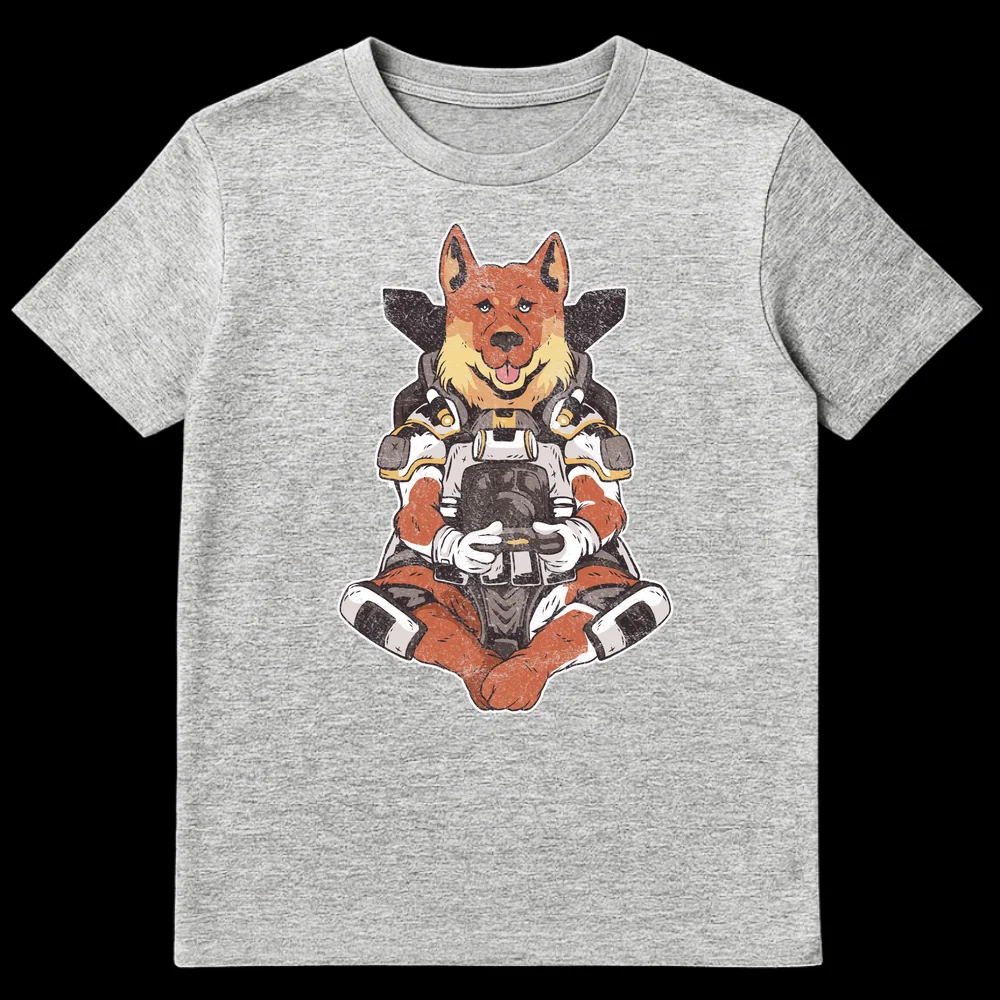 Distressed retro t-shirt design of a cute dog character in futuristic space armor holding a game controller, on a black background on Sports Grey t-shirt