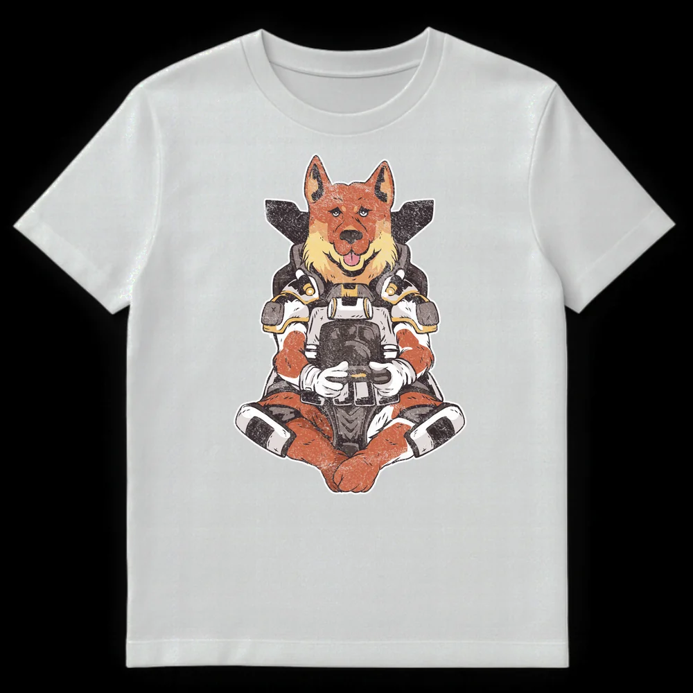 Distressed retro t-shirt design of a cute dog character in futuristic space armor holding a game controller, on a black background on White t-shirt
