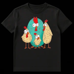 Whimsical distressed t-shirt design of a family of four surprised-looking cartoon chickens with large eyes, one large teal and three smaller yellow, with red combs and orange beaks on a black background. on Black t-shirt
