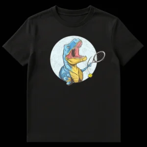 Humorous vintage cartoon illustration of a T-Rex playing tennis with a tiny racket and ball, for dinosaur and tennis fans. on Black t-shirt