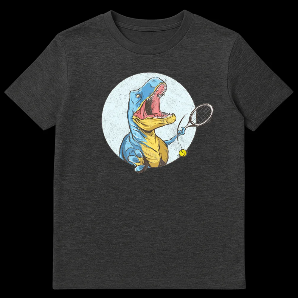 Humorous vintage cartoon illustration of a T-Rex playing tennis with a tiny racket and ball, for dinosaur and tennis fans. on Dark Heather t-shirt