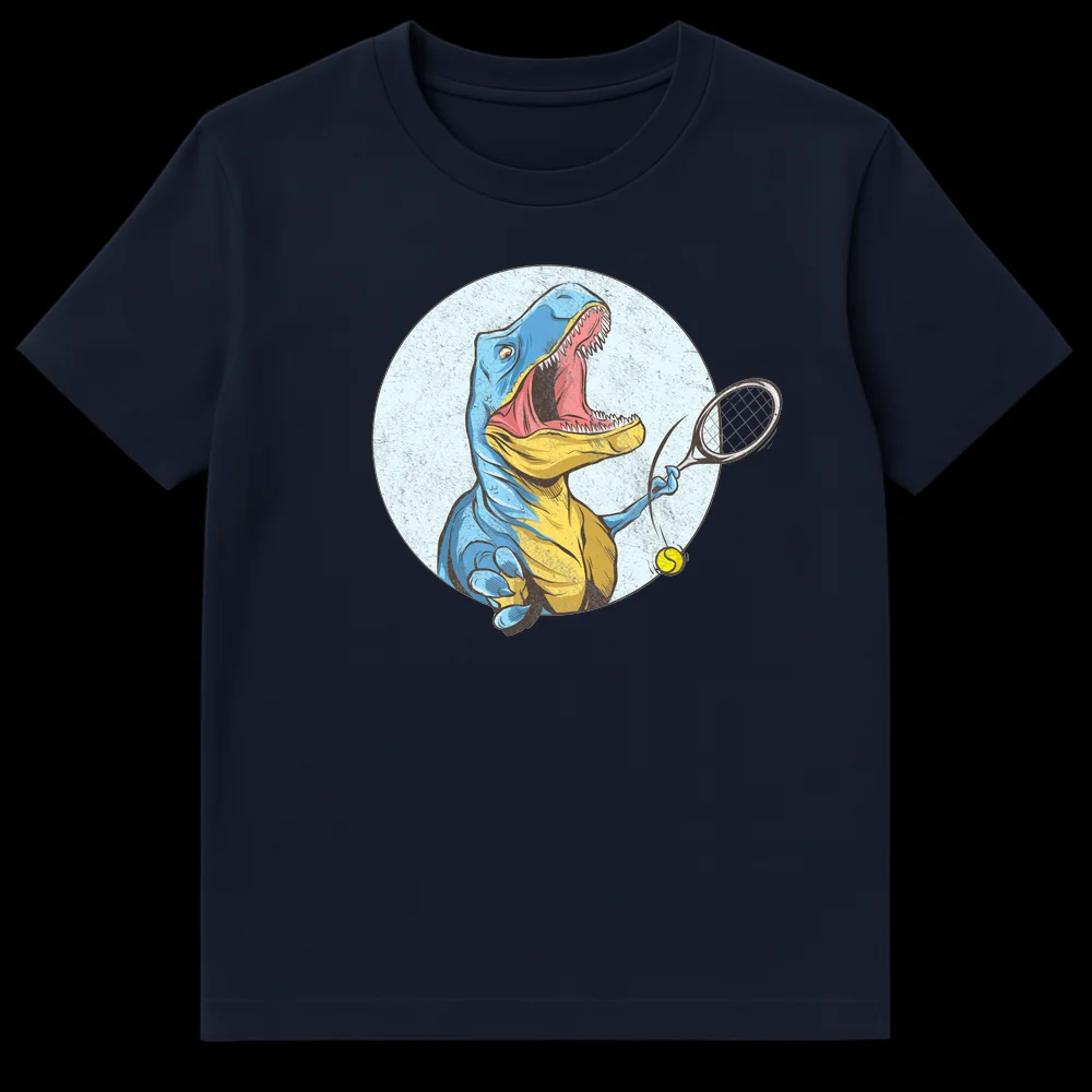 Humorous vintage cartoon illustration of a T-Rex playing tennis with a tiny racket and ball, for dinosaur and tennis fans. on Navy Blue t-shirt