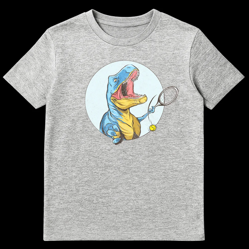 Humorous vintage cartoon illustration of a T-Rex playing tennis with a tiny racket and ball, for dinosaur and tennis fans. on Sports Grey t-shirt