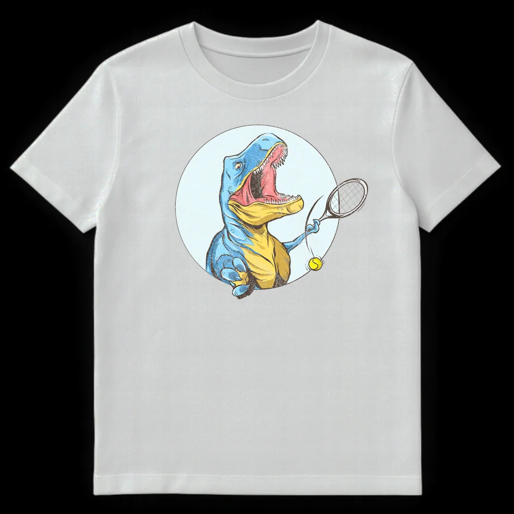 Humorous vintage cartoon illustration of a T-Rex playing tennis with a tiny racket and ball, for dinosaur and tennis fans. on White t-shirt
