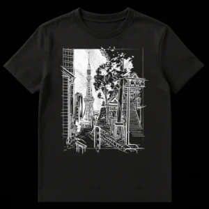 Black and white t-shirt design featuring the Tokyo Skytree next to a traditional Japanese shrine with stone stairs and a marker reading Right Exit (右出口) on Black t-shirt