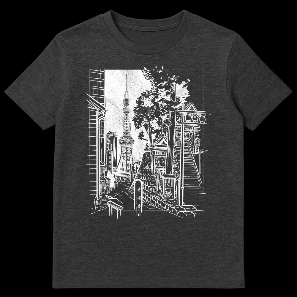 Black and white t-shirt design featuring the Tokyo Skytree next to a traditional Japanese shrine with stone stairs and a marker reading Right Exit (右出口) on Dark Heather t-shirt