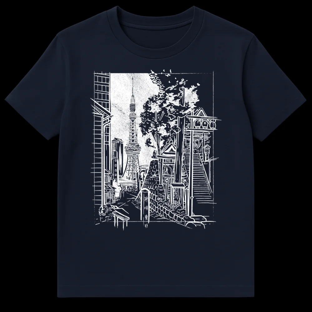 Black and white t-shirt design featuring the Tokyo Skytree next to a traditional Japanese shrine with stone stairs and a marker reading Right Exit (右出口) on Navy Blue t-shirt