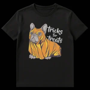 Cute French Bulldog "tricks for treats" Halloween t-shirt design with a distressed vintage look and pumpkin colors on Black t-shirt