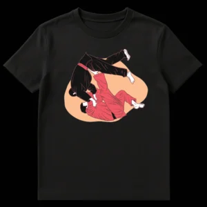 Dynamic grappling hold design t-shirt for BJJ and Judo martial arts enthusiasts, featuring two figures in red and black. on Black t-shirt