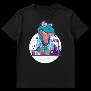 Retro cartoon t-shirt design of a T-Rex wearing a lab coat and glasses, doing chemistry experiments with beakers and test tubes, set against a distressed white circle on a black background. on Black t-shirt