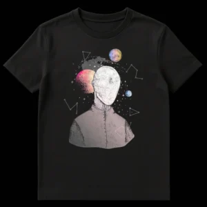 Faceless cosmic figure surrounded by planets and constellations on a dark t-shirt, mystical aesthetic on Black t-shirt