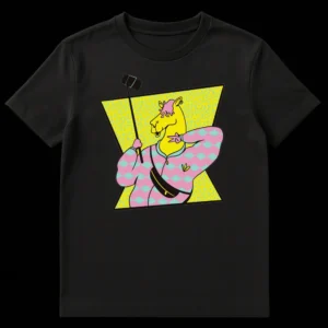 Vibrant cartoon t-shirt design of an anthropomorphic camel wearing a pink tracksuit, fanny pack, and holding a selfie stick, making a peace sign, set against an 80s/90s retro background with geometric shapes and sprinkles. on Black t-shirt