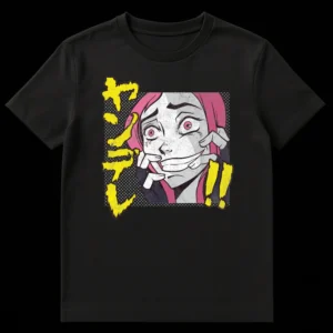 Anime girl t-shirt with pink hair, forced smile, 'Zawa' Japanese text and exclamation marks, grunge style on Black t-shirt