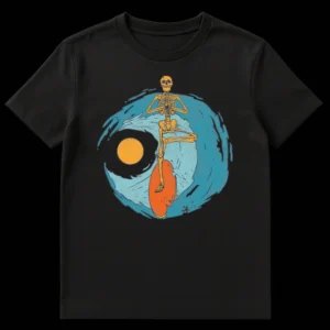 Zen Surfer Skeleton T-Shirt featuring a meditating skeleton on a surfboard riding a wave with a sun or moon in the background, distressed art style, golden yellow, teal, and orange colors on black. on Black t-shirt