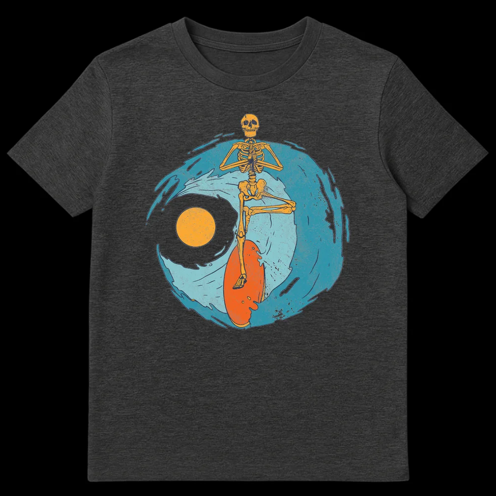 Zen Surfer Skeleton T-Shirt featuring a meditating skeleton on a surfboard riding a wave with a sun or moon in the background, distressed art style, golden yellow, teal, and orange colors on black. on Dark Heather t-shirt