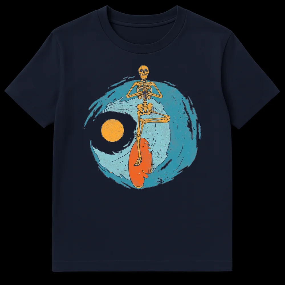 Zen Surfer Skeleton T-Shirt featuring a meditating skeleton on a surfboard riding a wave with a sun or moon in the background, distressed art style, golden yellow, teal, and orange colors on black. on Navy Blue t-shirt