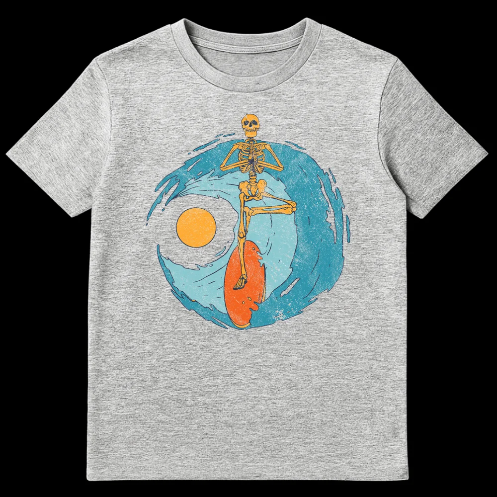 Zen Surfer Skeleton T-Shirt featuring a meditating skeleton on a surfboard riding a wave with a sun or moon in the background, distressed art style, golden yellow, teal, and orange colors on black. on Sports Grey t-shirt