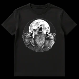 Realistic monochromatic t-shirt design of three wolves howling at a full moon, capturing wildlife and fantasy themes. on Black t-shirt