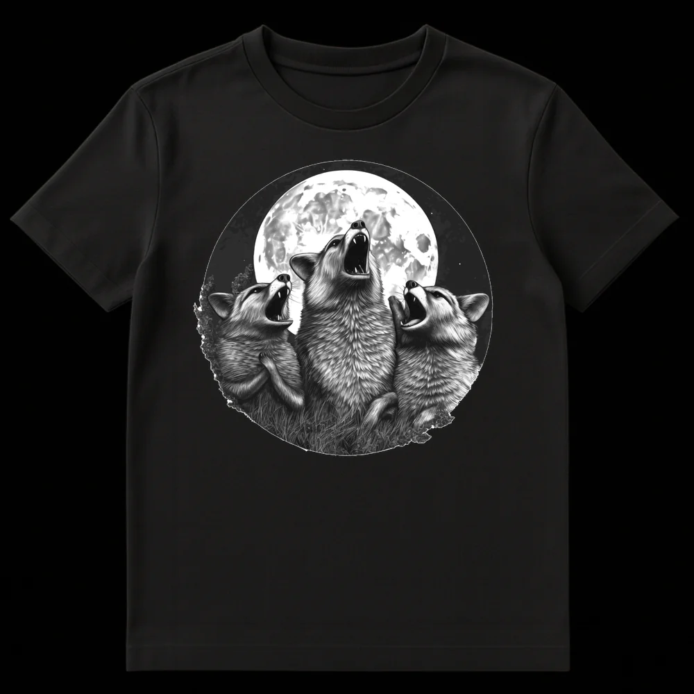 Realistic monochromatic t-shirt design of three wolves howling at a full moon, capturing wildlife and fantasy themes. on Black t-shirt