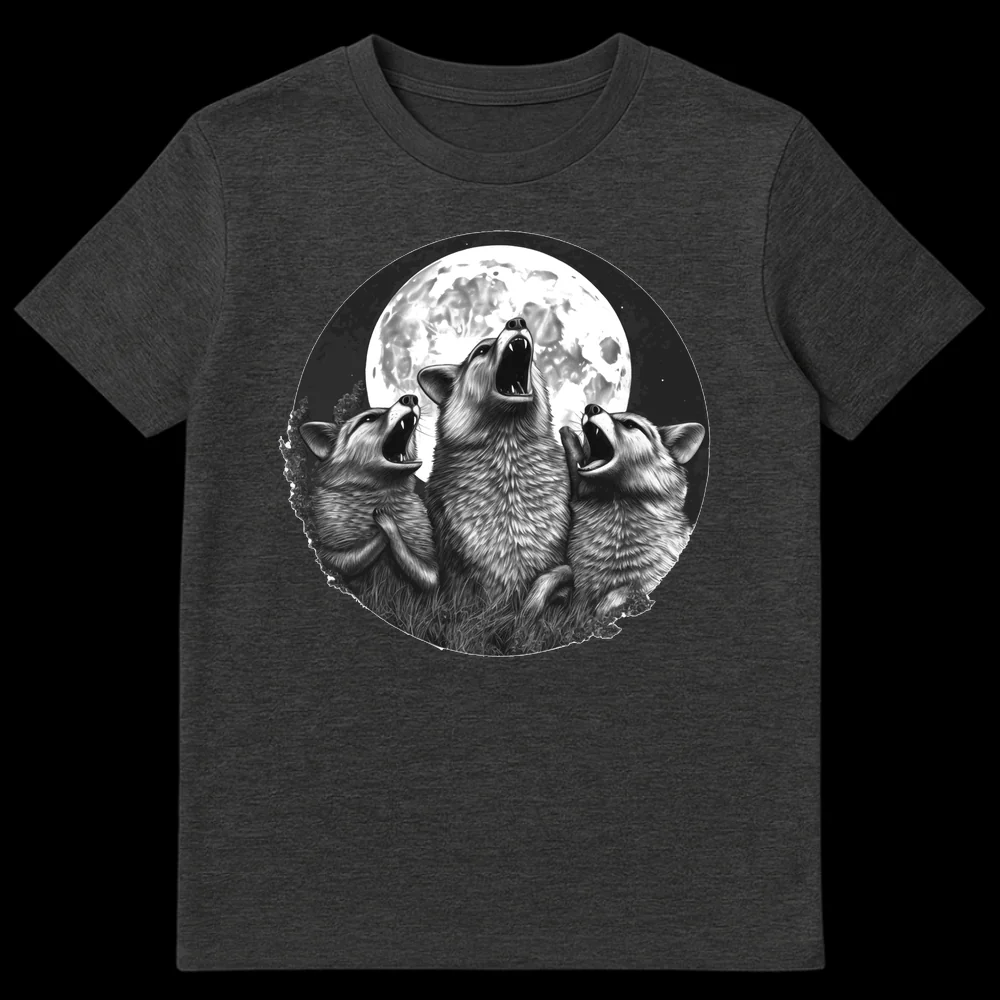 Realistic monochromatic t-shirt design of three wolves howling at a full moon, capturing wildlife and fantasy themes. on Dark Heather t-shirt