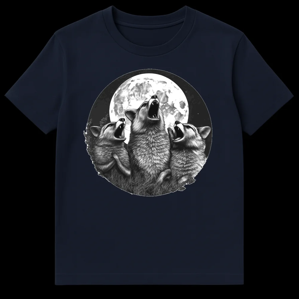 Realistic monochromatic t-shirt design of three wolves howling at a full moon, capturing wildlife and fantasy themes. on Navy Blue t-shirt