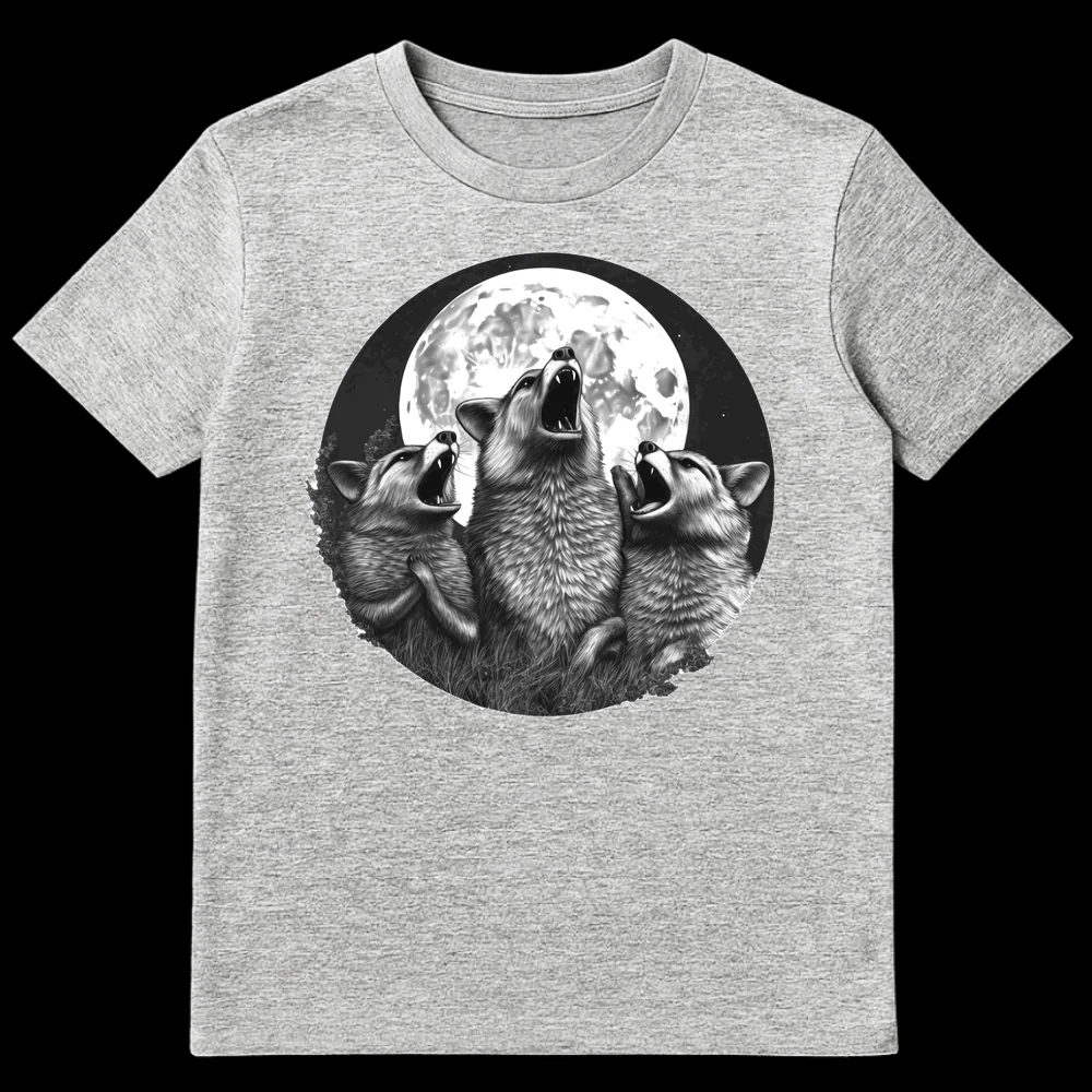 Realistic monochromatic t-shirt design of three wolves howling at a full moon, capturing wildlife and fantasy themes. on Sports Grey t-shirt
