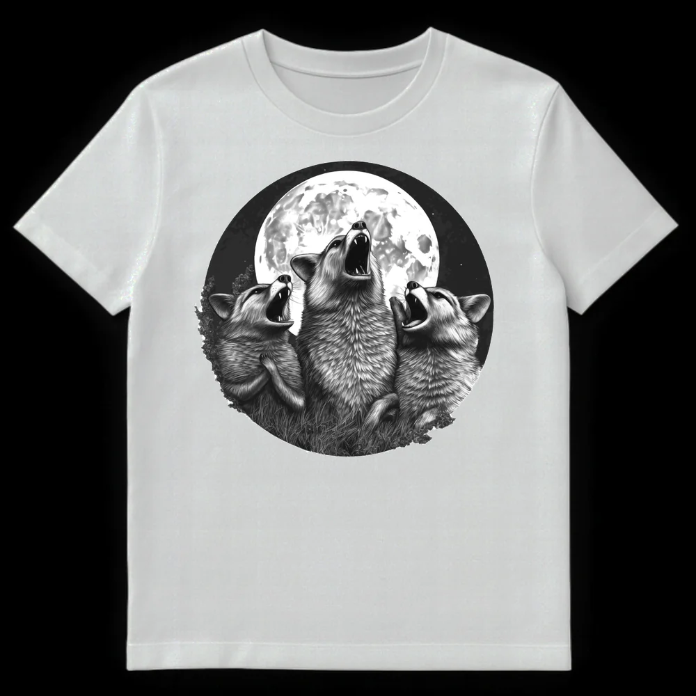 Realistic monochromatic t-shirt design of three wolves howling at a full moon, capturing wildlife and fantasy themes. on White t-shirt