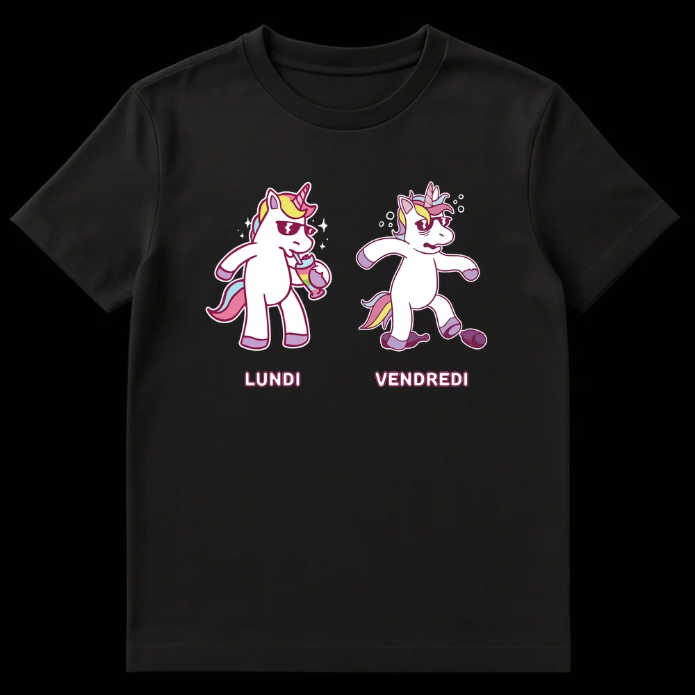 LUNDI VENDREDI Unicorn T-Shirt showing a cool Monday unicorn and an exhausted Friday unicorn in a cartoon style on Black t-shirt