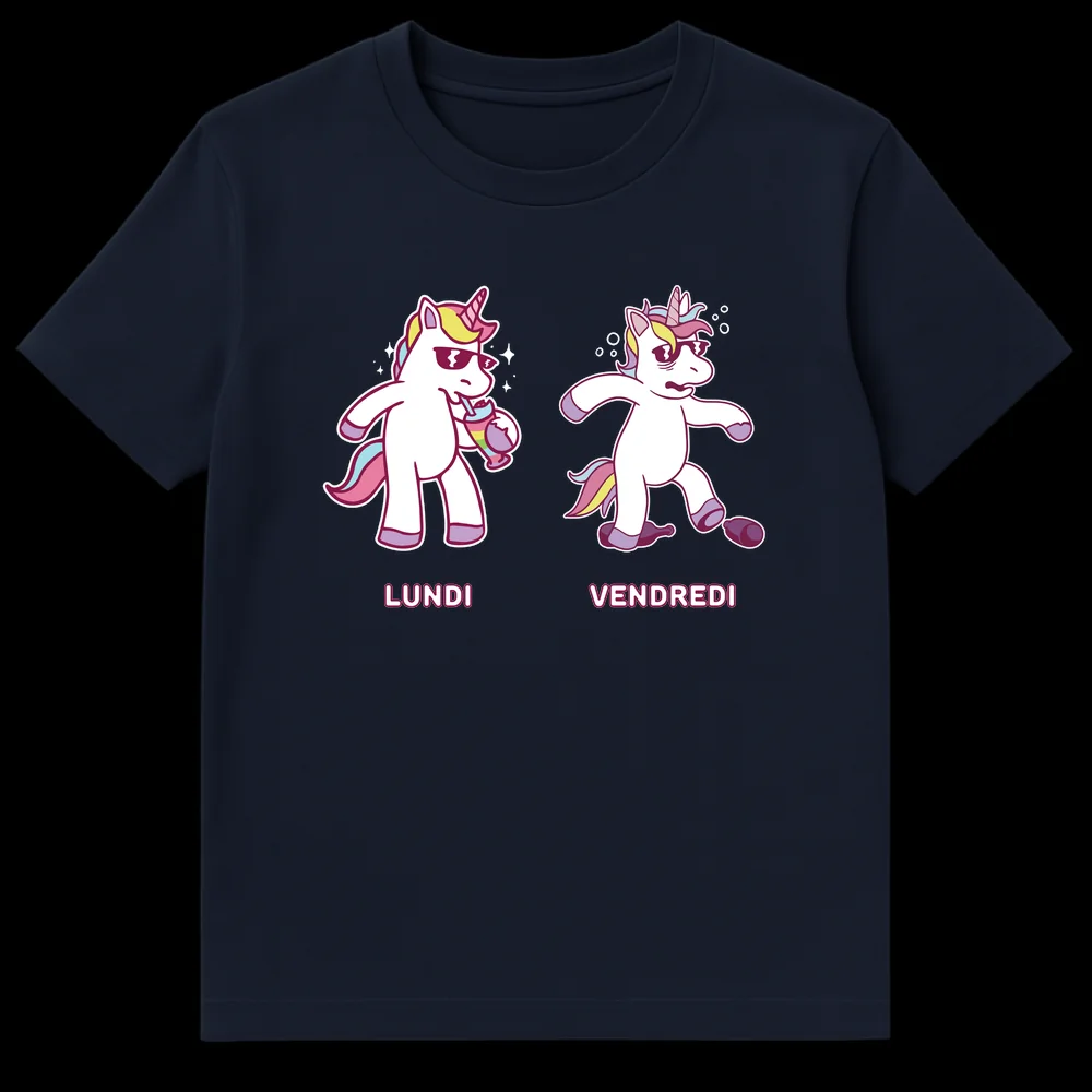 LUNDI VENDREDI Unicorn T-Shirt showing a cool Monday unicorn and an exhausted Friday unicorn in a cartoon style on Navy Blue t-shirt