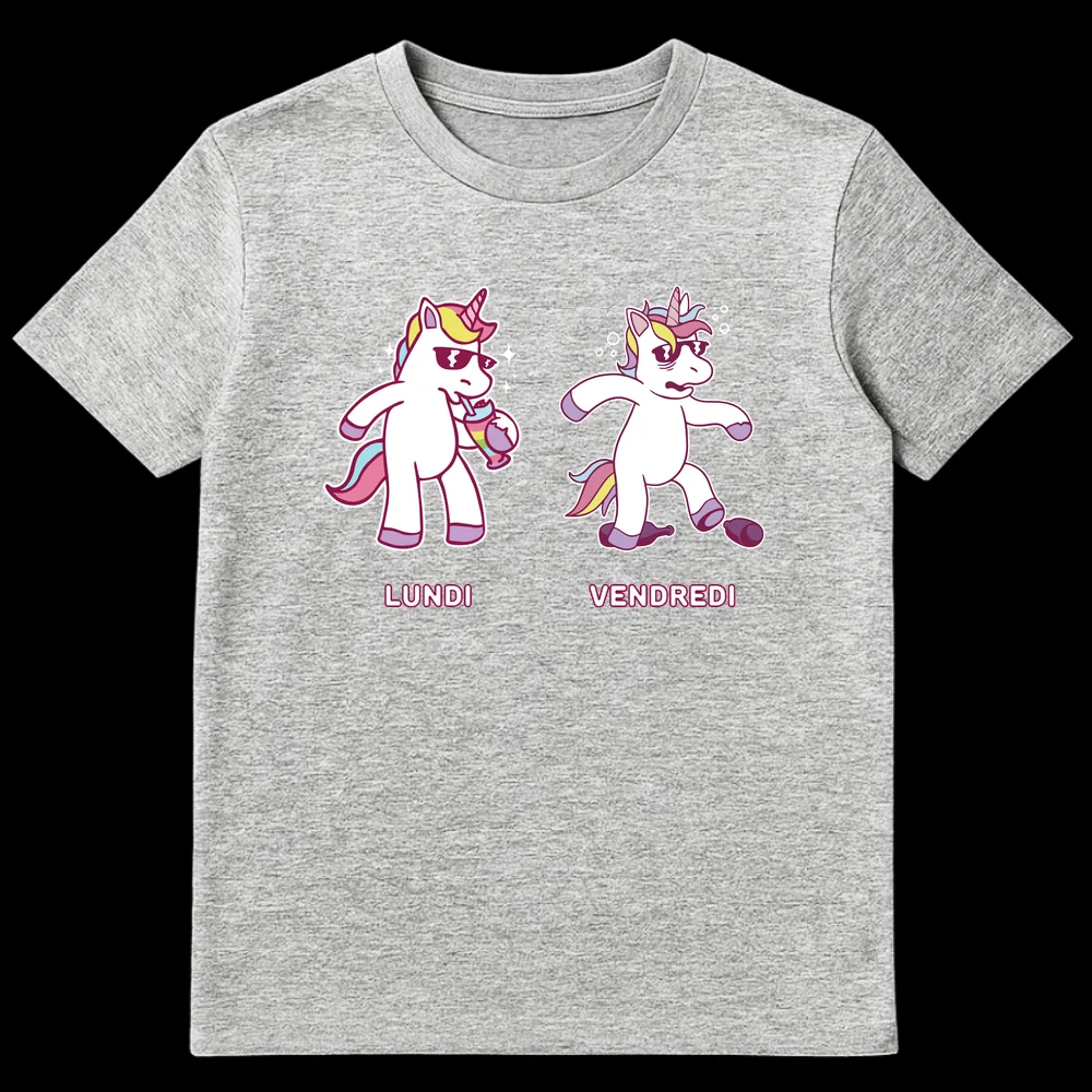 LUNDI VENDREDI Unicorn T-Shirt showing a cool Monday unicorn and an exhausted Friday unicorn in a cartoon style on Sports Grey t-shirt