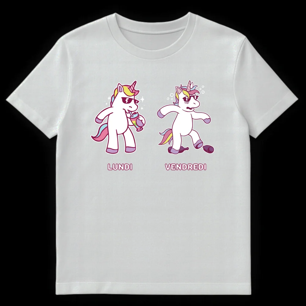 LUNDI VENDREDI Unicorn T-Shirt showing a cool Monday unicorn and an exhausted Friday unicorn in a cartoon style on White t-shirt
