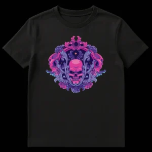 Neon Skull Rose T-Shirt with glowing eyes, intricate gothic scrollwork, and vibrant pink, purple, and blue colors on Black t-shirt