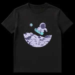 Astronaut skateboarding on the moon t-shirt design, featuring a cartoon astronaut doing a kickflip on a lunar surface with a distant planet and stars in the background. on Black t-shirt
