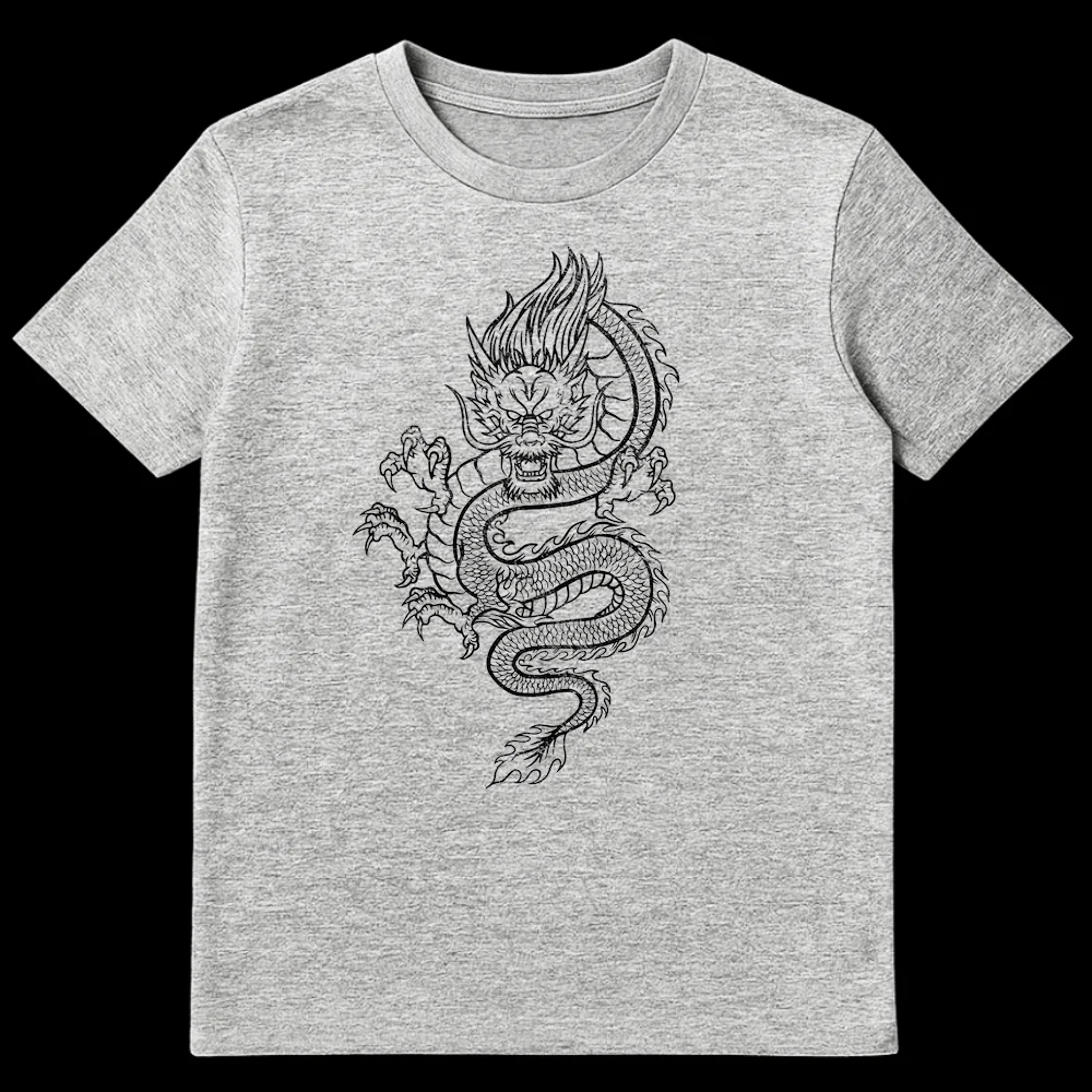 Detailed black and white East Asian dragon art t-shirt design with intricate scales and fiery mane on Sports Grey t-shirt