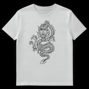 Detailed black and white East Asian dragon art t-shirt design with intricate scales and fiery mane on White t-shirt