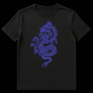 Electric blue Chinese dragon t-shirt design on black background, full body depiction of a fierce mythical creature with intricate details and a textured finish on Black t-shirt