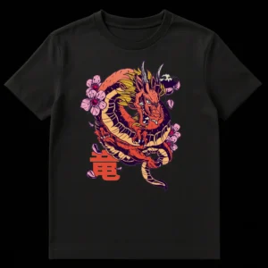 Vibrant Neo-Traditional Asian style t-shirt design featuring a fiery red and purple Eastern dragon coiled around delicate pink cherry blossoms, with the Japanese Kanji character '龍' (dragon) at the bottom, set against a black background. on Black t-shirt