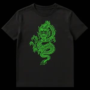 Neon green East Asian dragon on black t-shirt design, stylized line art with distressed texture, fierce mythical creature for fantasy and gaming fans on Black t-shirt