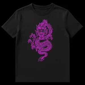 Electric Magenta Asian Dragon T-Shirt on black background with stylized, glowing line art. on Black t-shirt