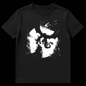 Black and white t-shirt with a bold silhouette of a flying dragon against a distressed circular background and mountain peaks. on Black t-shirt