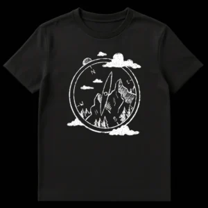 Hand-drawn compass t-shirt with N E S -W, mountains, pine trees, and sun, depicting outdoor adventure and direction on Black t-shirt